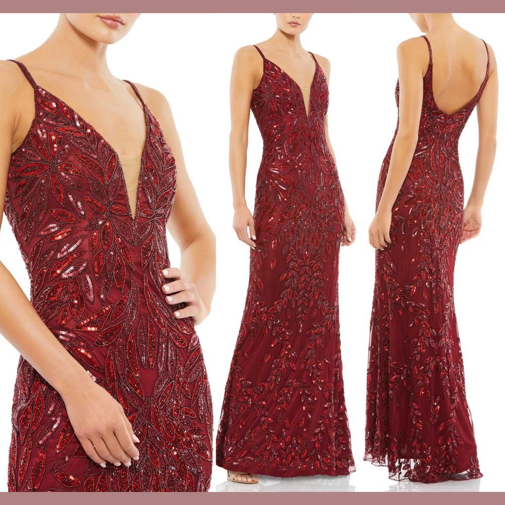 NWT $498 Mac Duggal [ 2 ] Plunging‎ V Neck Embellished Leaf Gown Burgundy Red